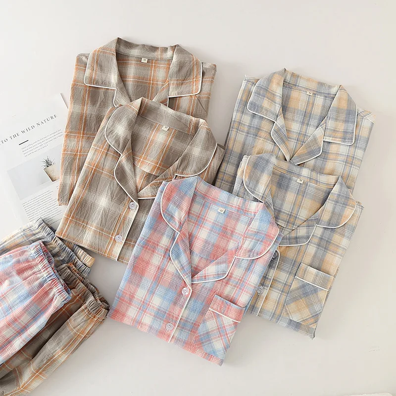 

Japanese Spring Autumn 100% Cotton Gauze Simple Loungewear Couple Long-sleeved Suit Casual Plaid Men's and Women's Pajamas