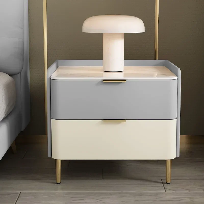 Solid Wood Bedside Table Cream Style Modern Simple Light Luxury Leather Bedroom Bedside Rock Slab Cabinet  Furniture Bedroom