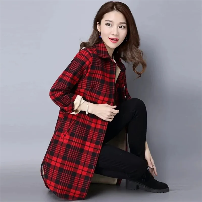 2024 Velvet Padded Plaid Shirt Jacket Women\'s Autumn Winter New Coats Long Sleeve Mid-Long Loose Pocket Outwear Coat Female