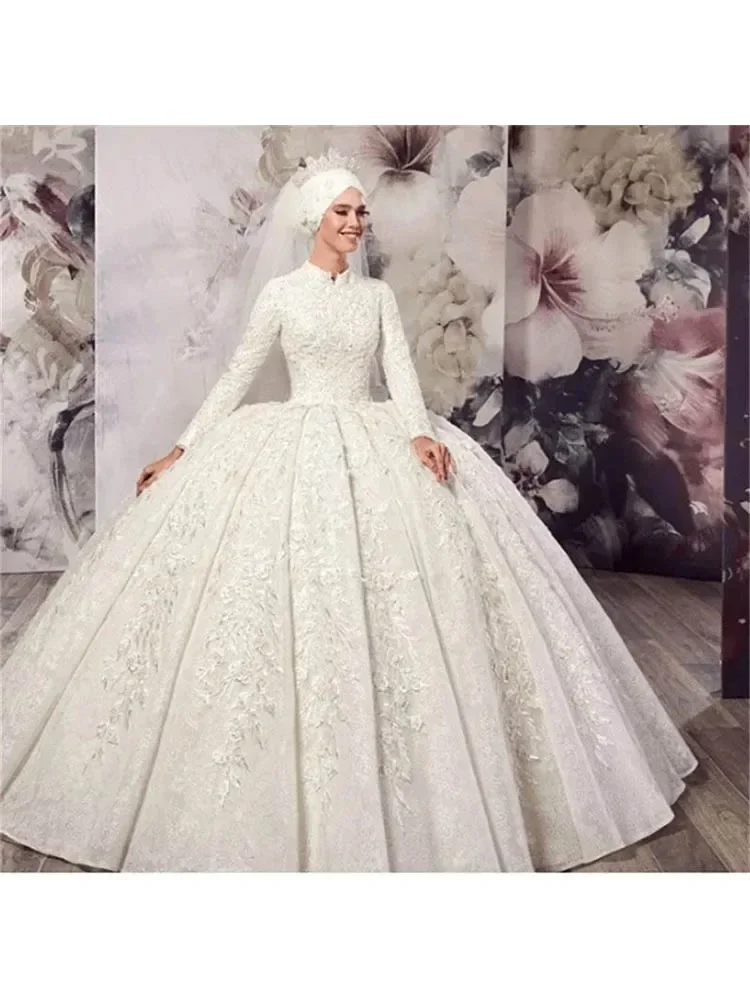 Exquisite Spitze Applikationen High Neck Muslim Brautkleider Gericht Zug Langarm Ballkleid Braut Vestidos De Novia Angepasst