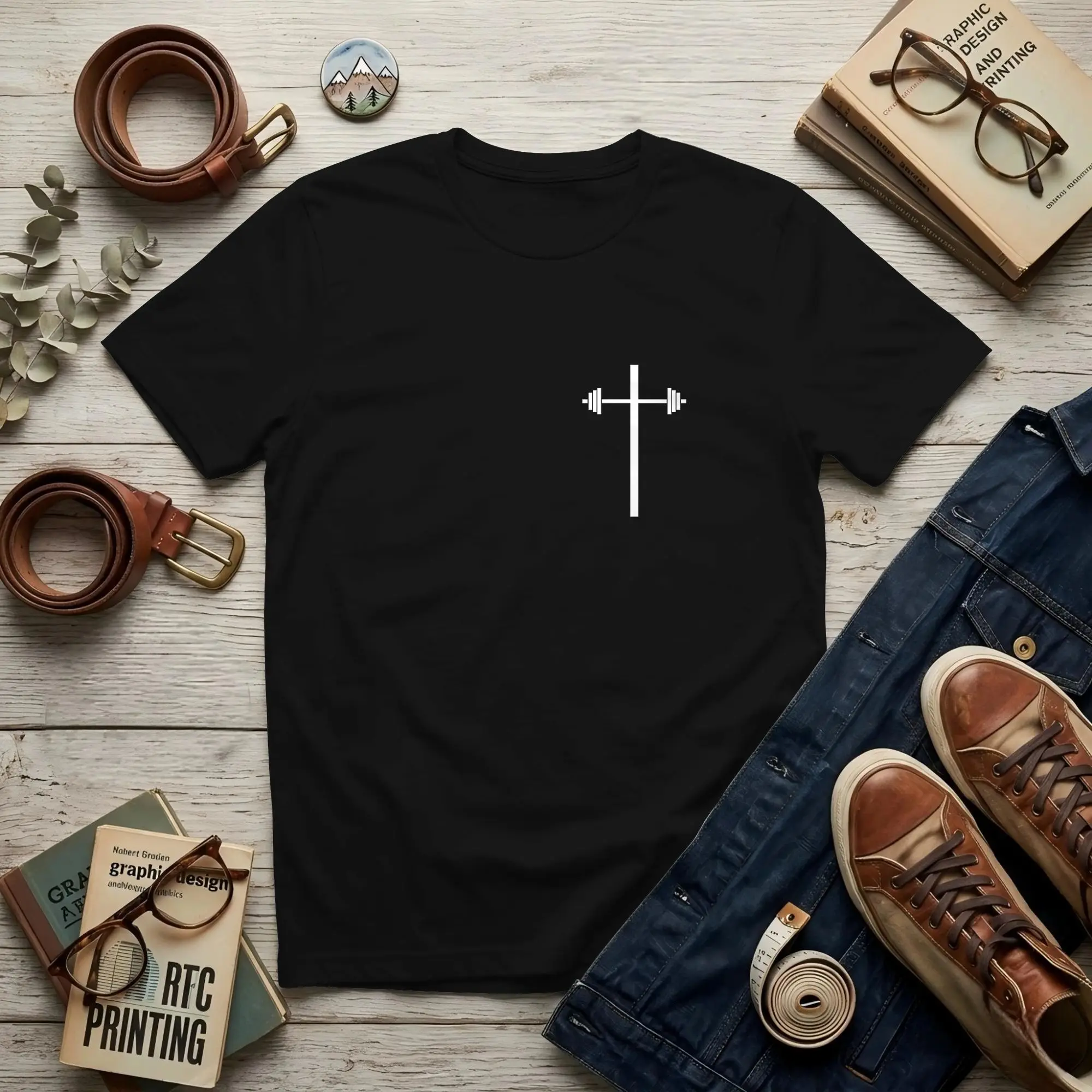 Dumbbell Barbell Cross Christian Gym Workout in Pocket Men T Shirts  Hipster Tee Shirt Short Sleeve Crew Neck Cotton Gift Clothe