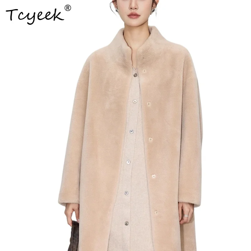 

Tcyeek Genuine Wool Autumn Winter High End Trendy Standing Collar Camel Colored Medium Long Women's Wool Shearling Fur Coat