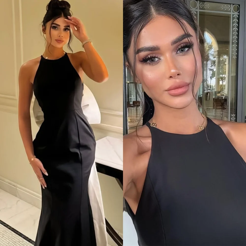 

Customized Simple Black Jersey Evening Dress Exquisite Sleeveless Prom Dresses Luxury Backless Open Back Bow Vestido De Festa