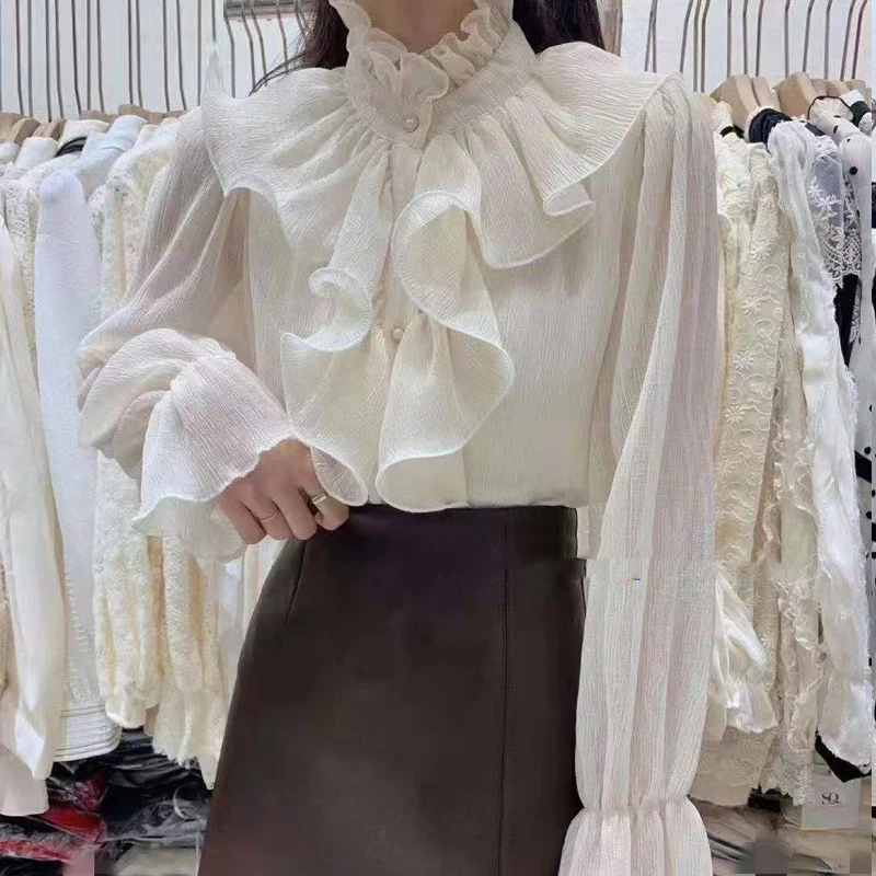 Spring Flare Long Sleeve Chiffon Shirt 2024 Ruffle Stitching Palace Blouse Women Buttons Ruched Loose New Stand Collar Top 12946