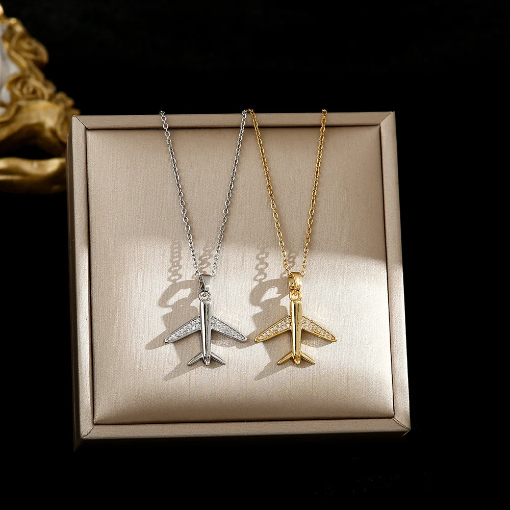 Hip Hop Rhinestone Airplane Pendant Titanium Steel Chain Necklace Women Fashion Jewelry