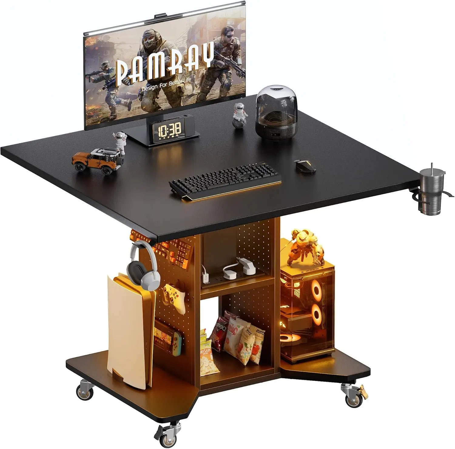 

Small Rolling Gaming Desk with Led Lights Power Outlets and Storage Pegboard, Small Spaces Compact PC Computer Table Balck