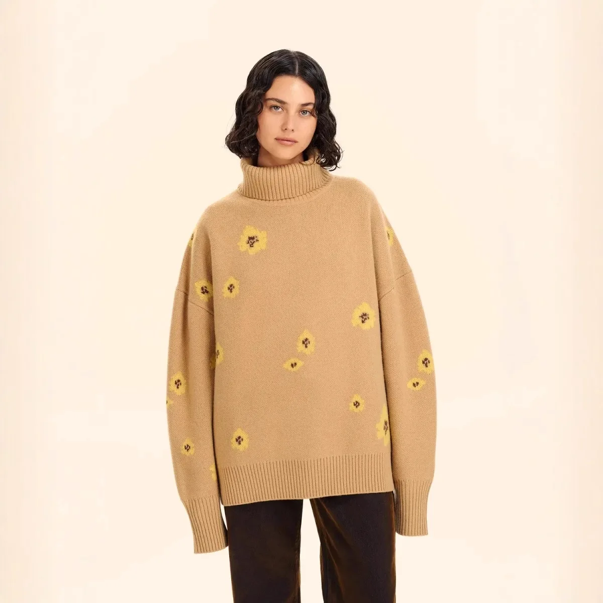

2025 Vintage Long Sleeve Ladies Floral Knitted Sweaters Pullovers Elegant Warm Loose Female Turtleneck Jumpers Autumn Winter