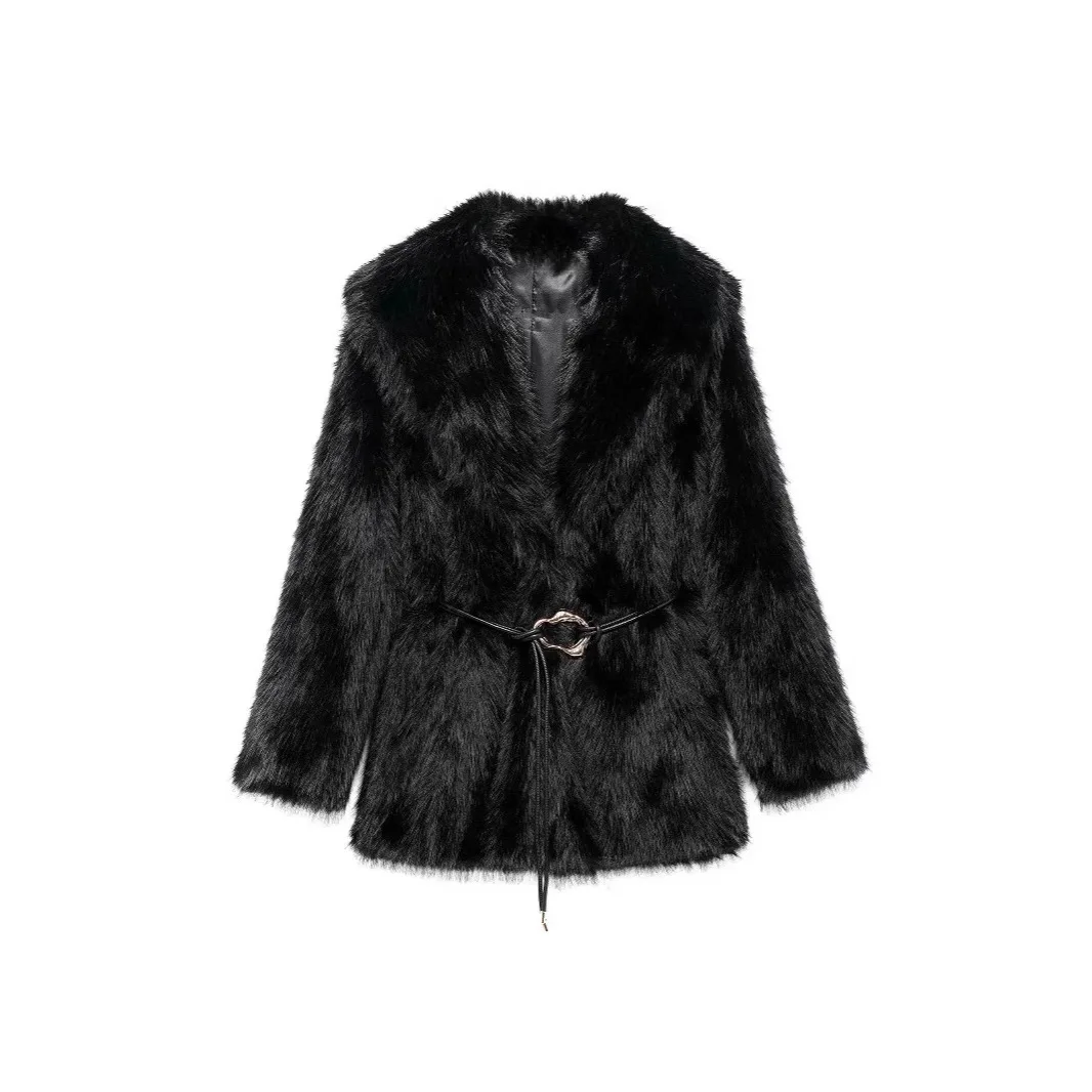 เสื้อโค้ทขนเฟอร์เทียมสำหรับผู้หญิง แขนยาว คอปกตั้ง แต่งเข็มขัด  ขนฟู  ความยาวปานกลาง  สไตล์หรูหรา  สำหรับฤดูหนาว