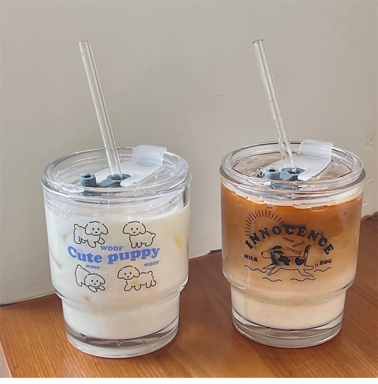 350ML Cartoon Dog Glass Cup With Lid and Straw Transparent Glasses Juice Milk Tea Cups Iced Coffee Mug Glass Water Cup Drinkware