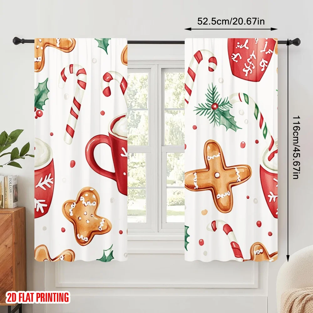 2pcs,2D plane printing Pattern Curtains Christmas Treats Hot Chocolate Gingerbread (2) Durable 100% Polyester Fabric (without