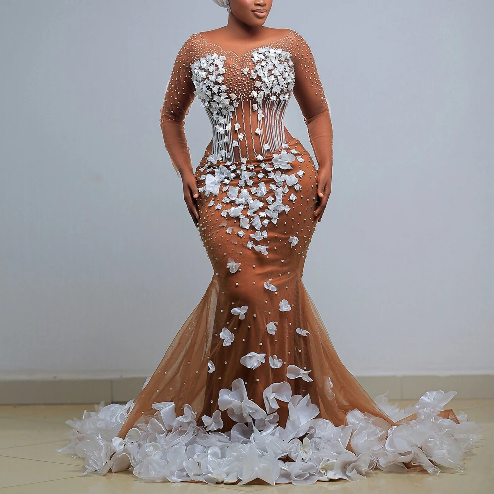 Customized Brown Mesh Wedding Dress Plus Size Illusion Bridal Gown Handmade Flower Mermaid Africa Wedding Dresses