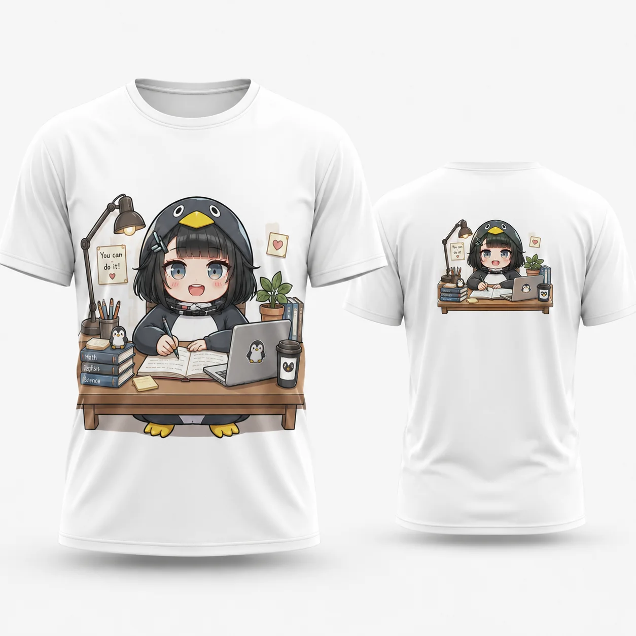 Goo goo gaga Cute Penguin Study T Shirt Kawaii Chibi Anime Girl Homework Laptop Books 3D Print Quick Dry Breathable Summer Top