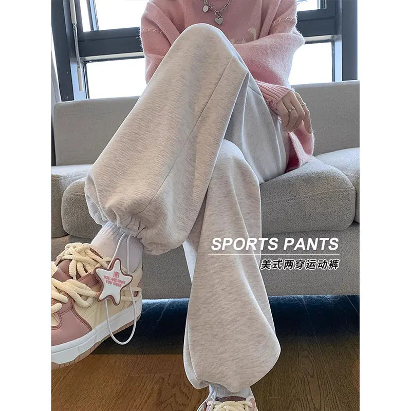 

Women's Autumn Winter Athletic Pants High Waist Loose Straight-leg American Style Fleece-Lined Wide-leg White Gray Sweatpants