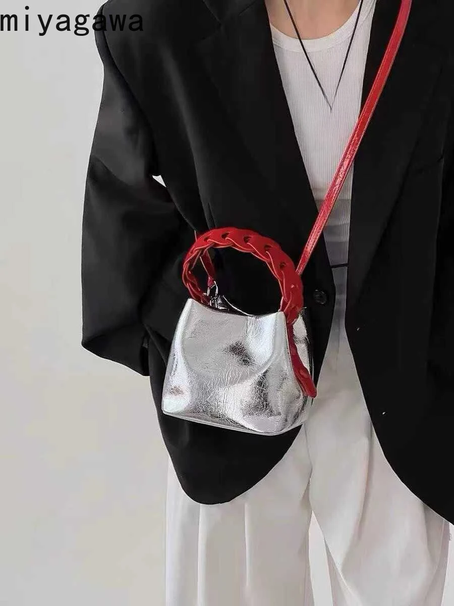 Miyagawa New Silver Small Color Blocked Bucket Bags Fashion Korean Crossbody Handbag Mobile Phone Bag