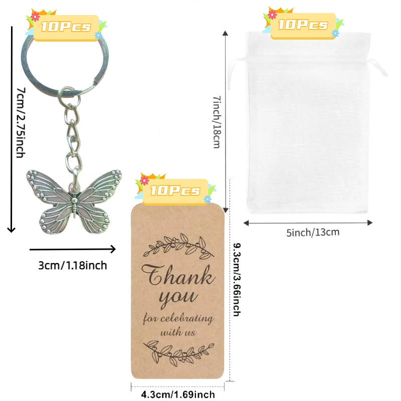 10 Sets Butterfly Party Favors Butterfly Keychain with Thank You Kraft Tags Wedding Gift,Souvenirs to Guests