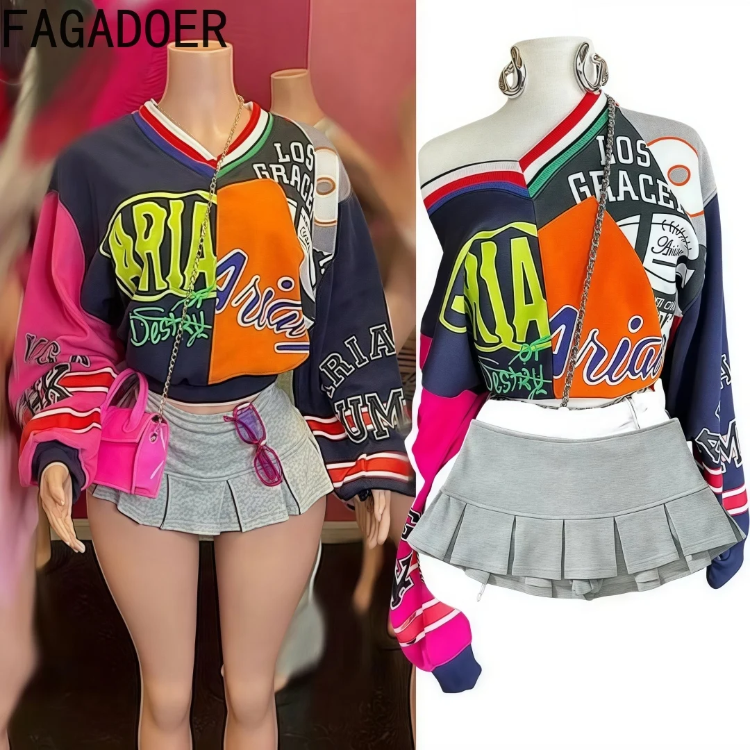 FAGADOER-Jersey con estampado de letras Y2K para mujer, conjuntos de dos piezas, Top de manga larga y Mini faldas plisadas, ropa femenina