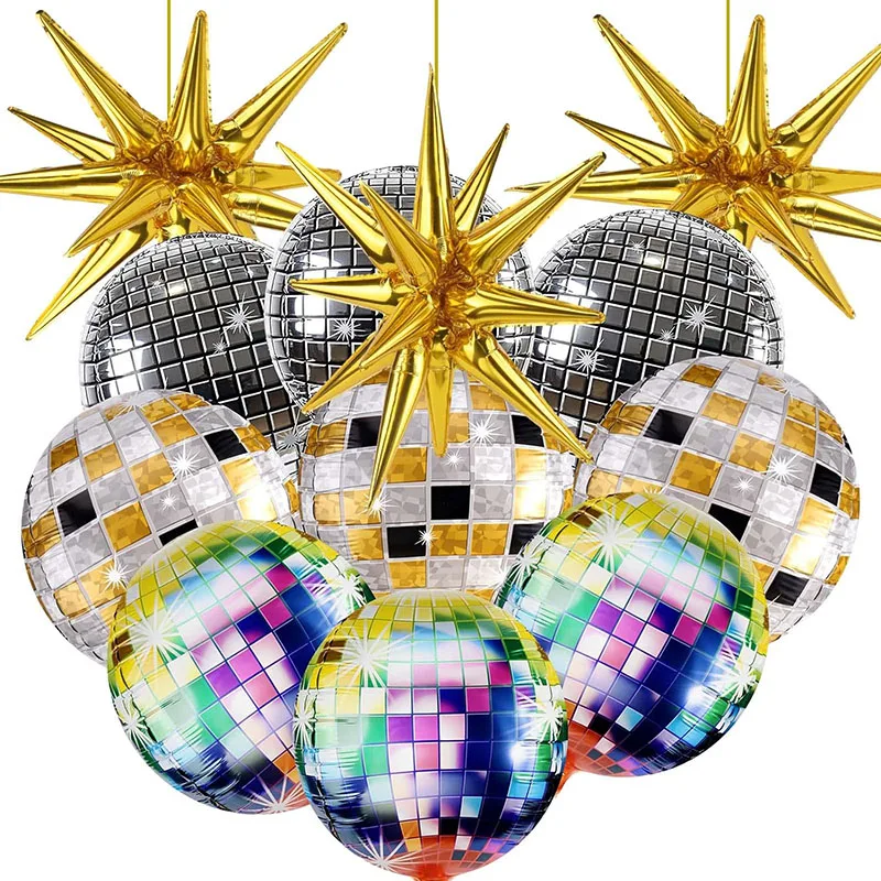 12pcs Disco Ball Foil Balloon Gold Explosion Star Helium Balloon Birthday Bachelorette Party 70s 80s 90s Theme Disco Party Decor