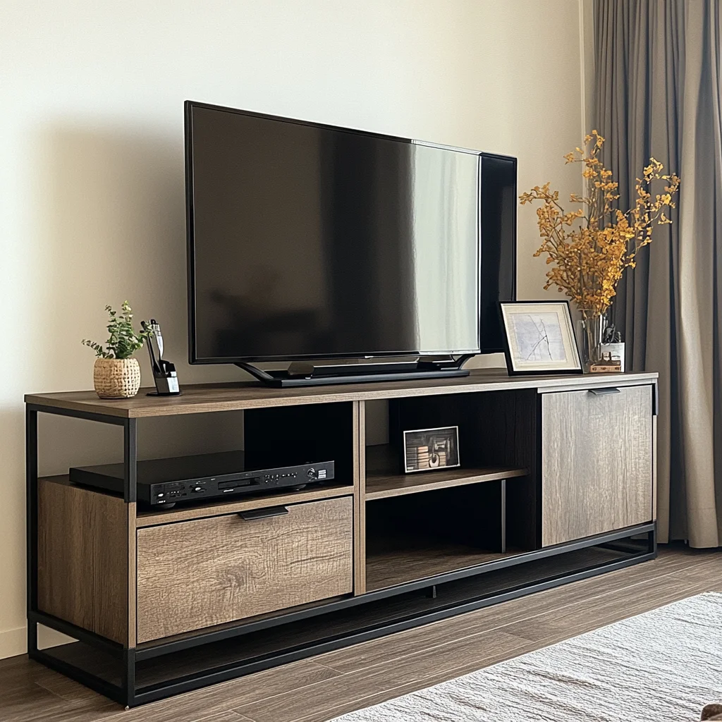 *Custom Living Room Furniture 2 Doors and Shelves Ironwood TV Panel Media Console Cabinet