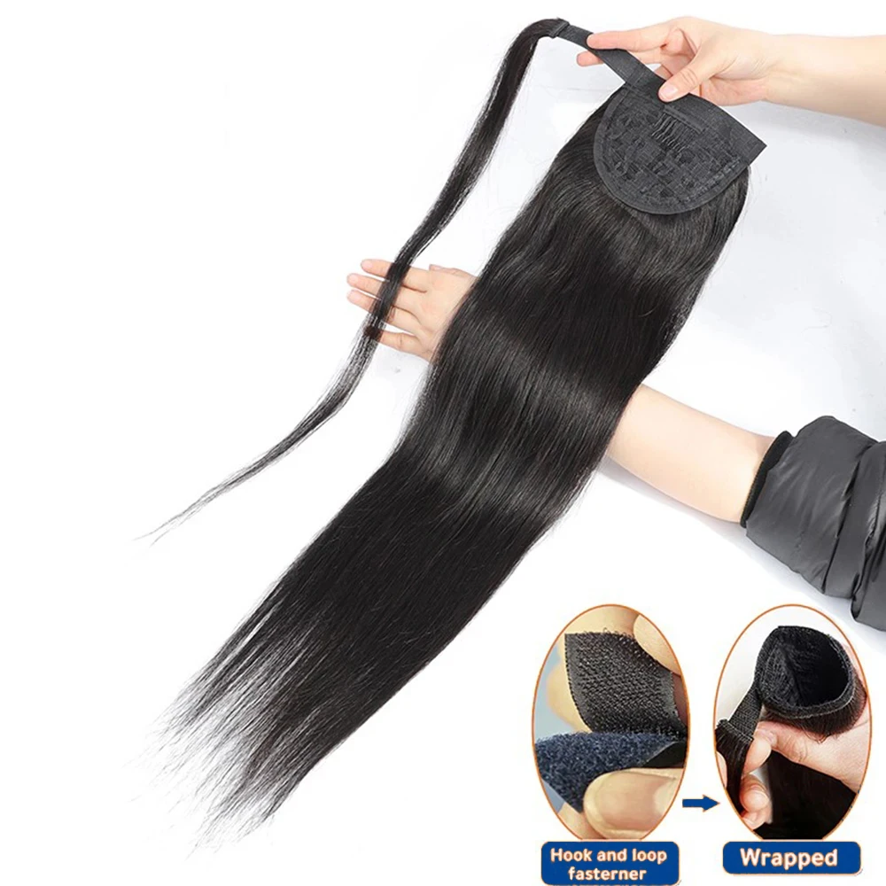 Extensión de cola de caballo recta, cabello humano con urdimbre de pasta mágica alrededor del cabello humano 100% virgen brasileño para mujeres # 1B Color Natural