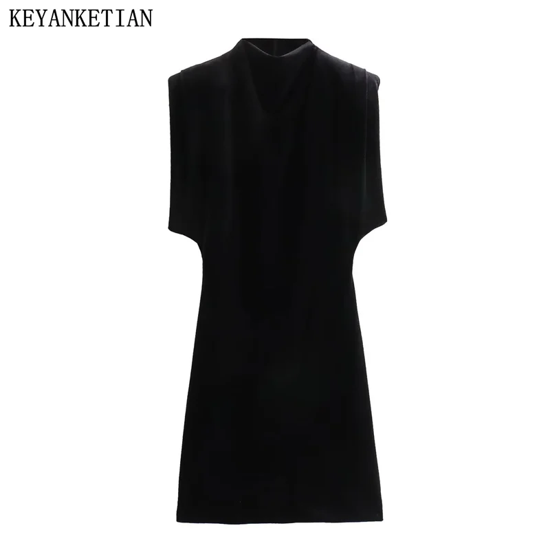 KEYANKETIAN Autumn New Women's Soft Touch Velvet Dress Elegant Stylish Zip-up Mock Neck Slim Black Sleeveless Mini Dress Gothic