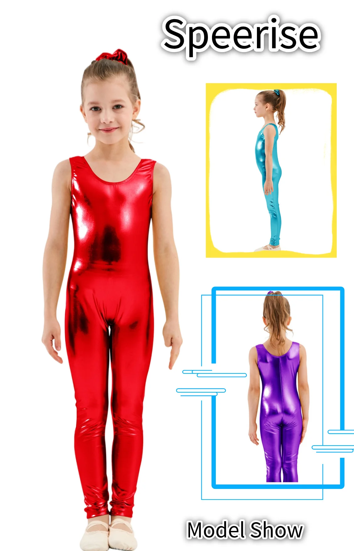 

Kid Shiny Metallic Spandex Unitards Sleeveless Catsuit Stage Costumes Children Gymnastics Suit Tank Dance Clothes