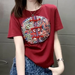 Sommer chinesischen Stil Vintage Stickerei Frosch T-Shirt Damen lose lässige Mode All-Match Kurzarm T-Shirt Top Frauen Pullover