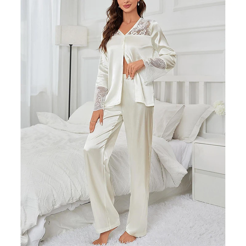 Autumn White Sleepwear Lace Patchwork Long Sleeve Trousers Pajamas Women\'s Set Loose Women\'s Pajamas Home Wears 2Pcs Nightwear