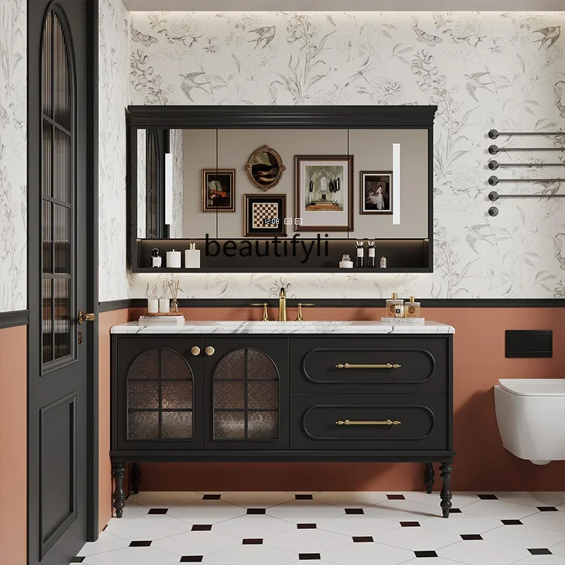 

y French retro floor-to-ceiling bathroom cabinet combination luxury stone rock slab integrated washbasin
