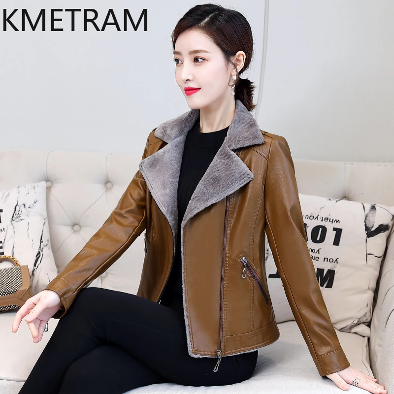 KMETRAM Real Leather Jacket for Women Natural Sheepskin Fur Motocycle Coats Thickened Plush Short Women\'s Jackets Autumn Winter