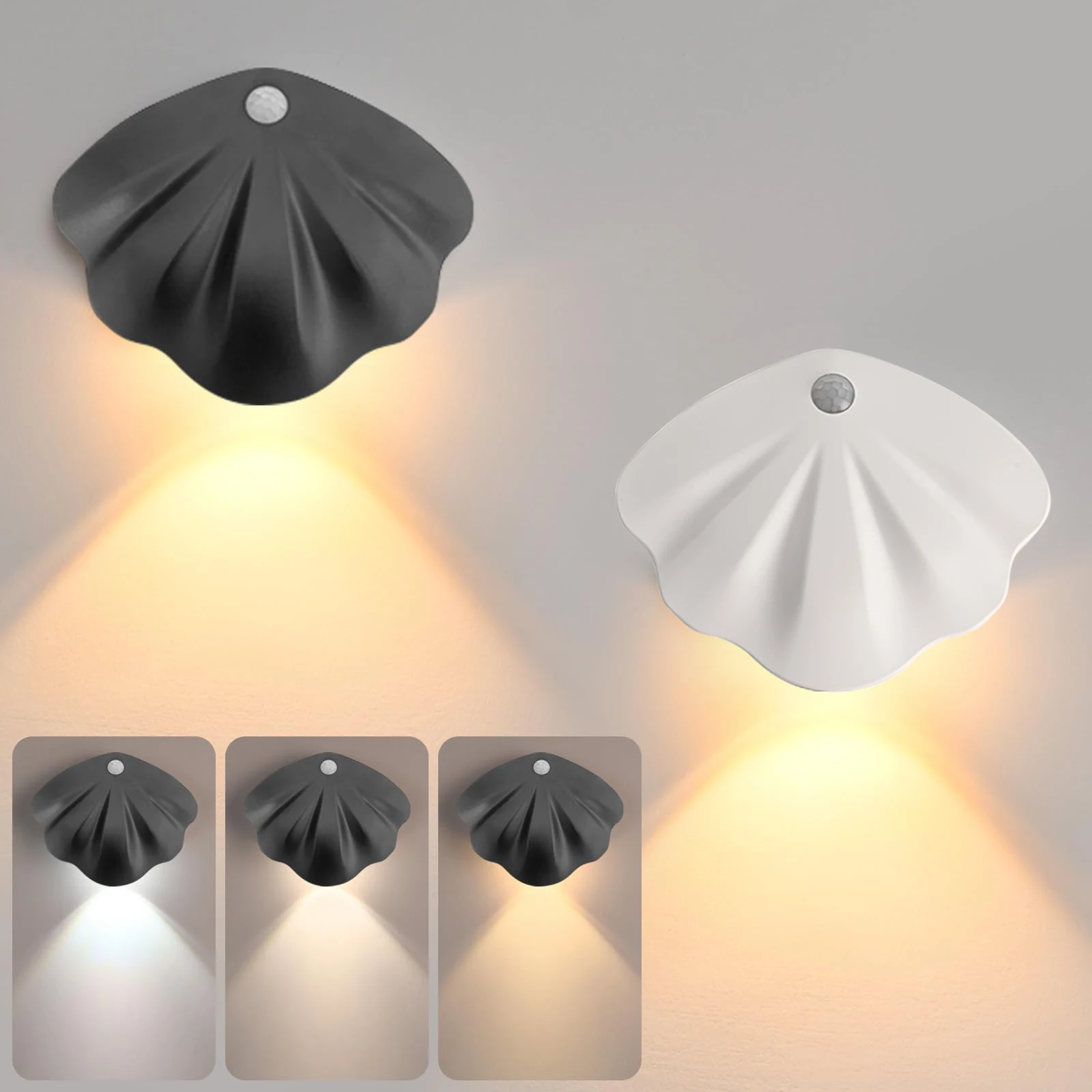 

Shell Shaped Motion Sensor Night Light USB Rechargeable Wall Sconce 3 Color Portable Wall Light for Bedroom Staircase Hallway