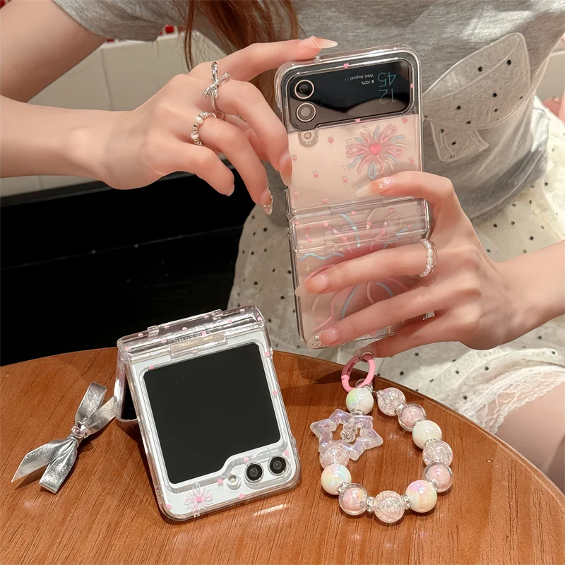 Funda trasera transparente a prueba de golpes para Samsung Galaxy Z Flip 3, 4, 5, Z Flip5, ZFlip5, pulsera de fuegos artificiales de colores