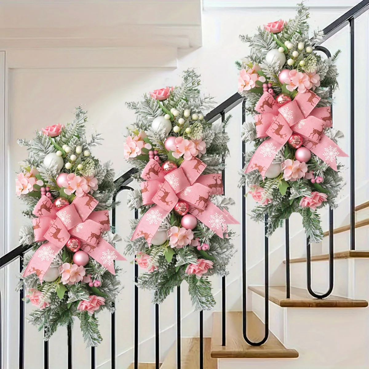 

Artificial Christmas Swag Christmas Teardrop Stairs Swag with Large Pink Bow Xmas Balls Holiday Staircase Wreath for Home Decor