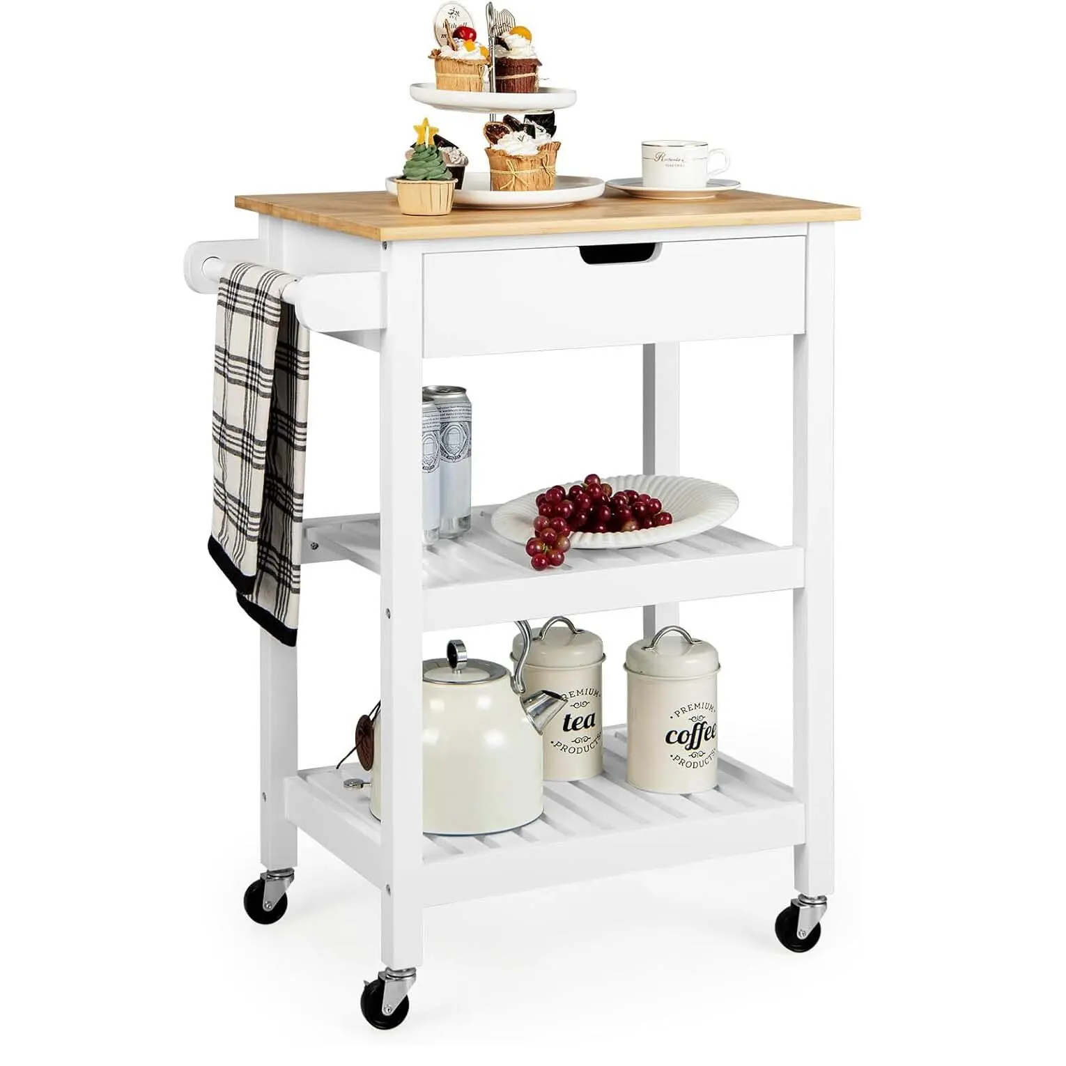 Carrito de Cocina Pequeño con Ruedas, Hecho de Madera de Bambú, Isla de Cocina con Cajón y Asa de Empuje y 2 Estantes Abiertos
