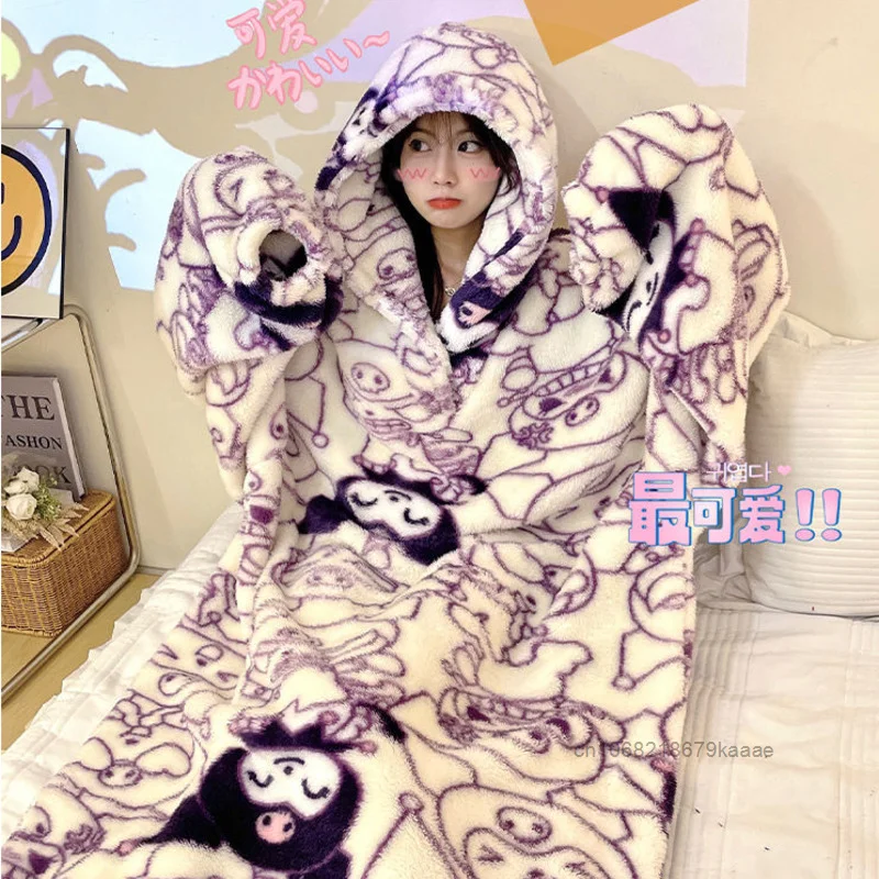 Sanrio Kuromi Winter Women\'s Coral Fleece Thick One-piece Home Clothes Korean Style Sweet Y2k Girl Hooded Loose Casual Nightgown