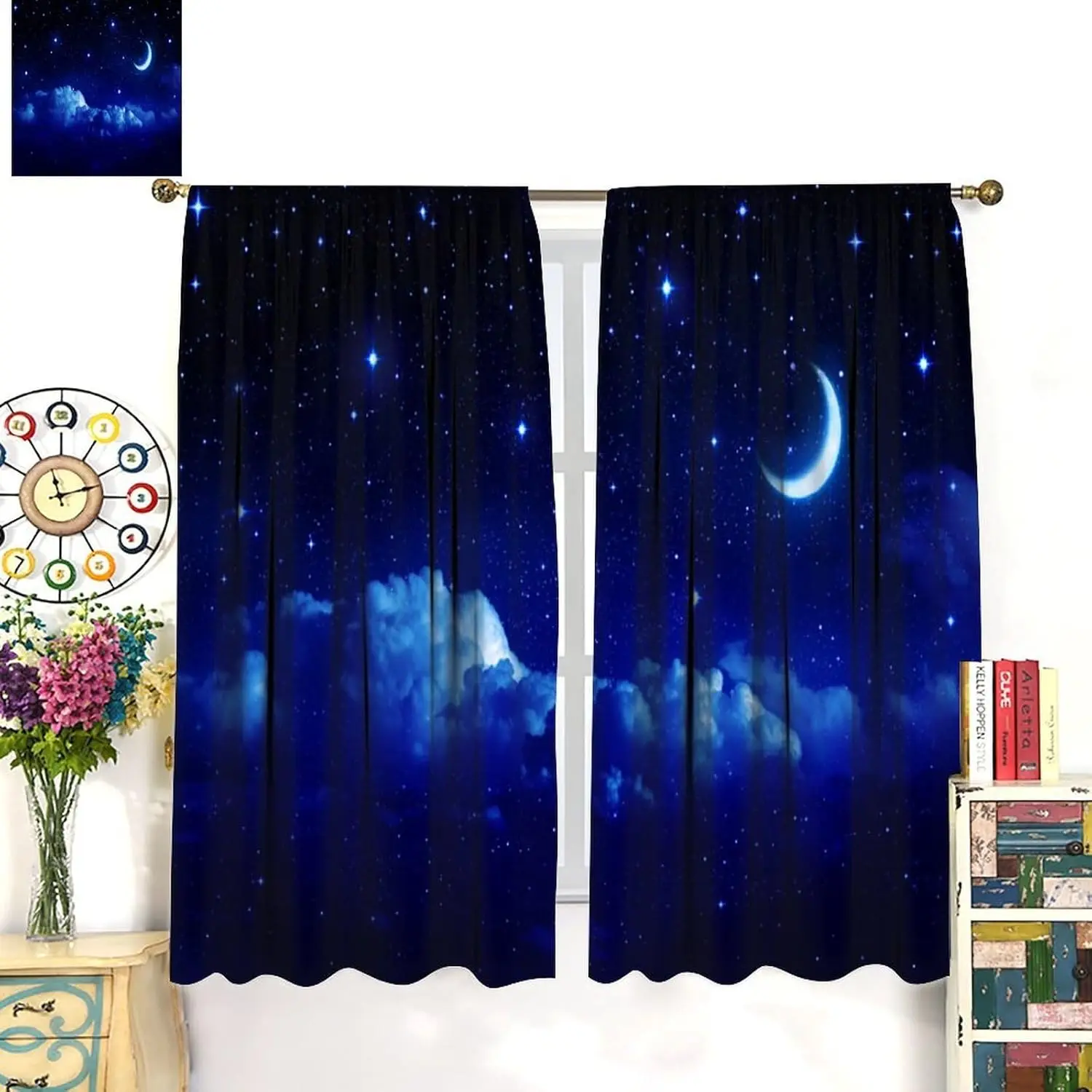 Starry Moon Night Curtains Sapphire Galaxy Dreamy Cloudscape Celestial Decor Window Treatments for Kitchen Girls Boys Bedroom