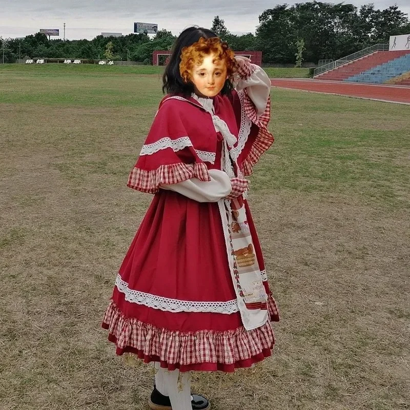 Vestido de Navidad Lolita Kawaii para mujer, vestido de manga larga abombada con volantes de encaje dulce de Año Nuevo 2023, vestido rojo de princesa a cuadros