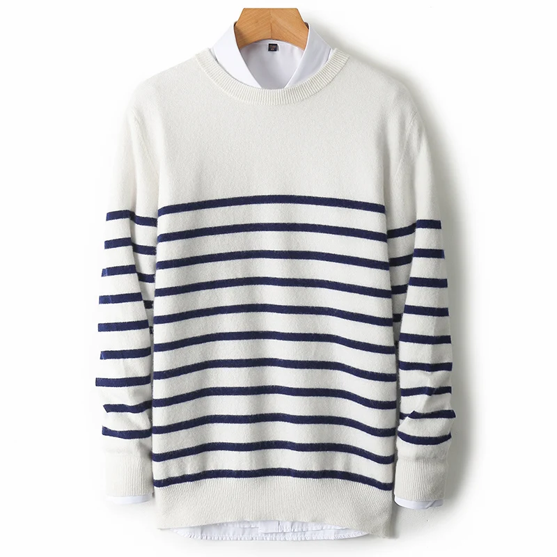 Men's New 100% Pure Wool Sweater O-neck Navy Style Striped Pullover Autumn Winter Loose Youth Business Casual Cashmere Top