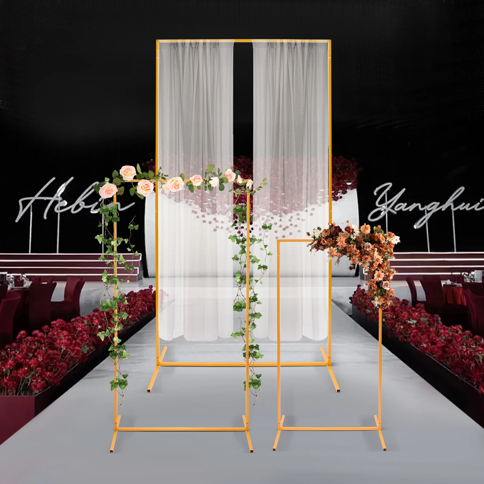 3PCS Rectangular Metal Backdrop Stand Balloon Frame, Party Wedding Flower Decoration Wedding Arch Display Gold/White Flower Rack