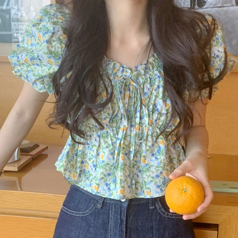 

Элегантная женская блузка с цветочным принтом, летняя модная корейская пышная рубашка с короткими рукавами и квадратным воротником, новая повседневная одежда 8108