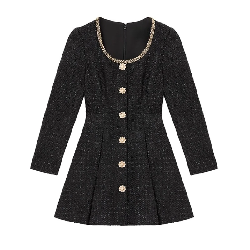 Lady Autumn and Winter New Women Tweed Rhinestones Button Black Solid A-line Dress Women Chain Trim Elegant Party Cocktail Dress