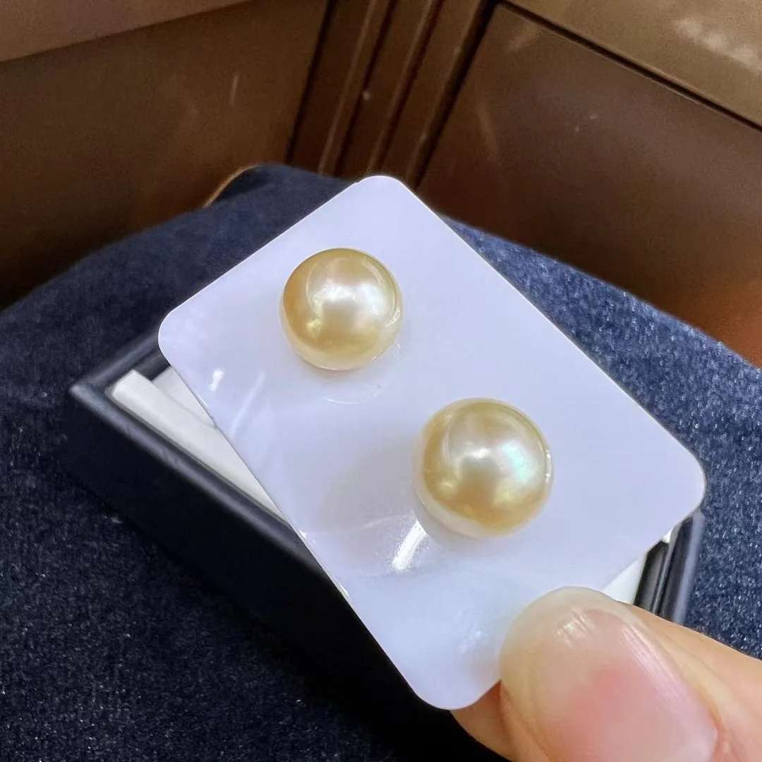12-13mm South Sea Golden Pearl Earrings, Sunset Gold Color Near-Perfect Round High Luster Minimal Flaws