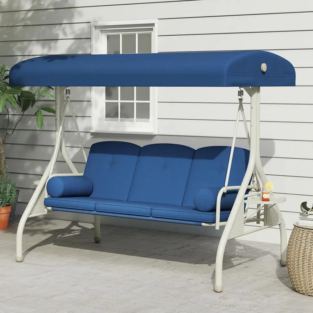 3-Person Canopy Swing for Outdoors, Adult Swing Bench with Stand, Blue Patio Swing Bed, 2-in-1 Outdoor Swing