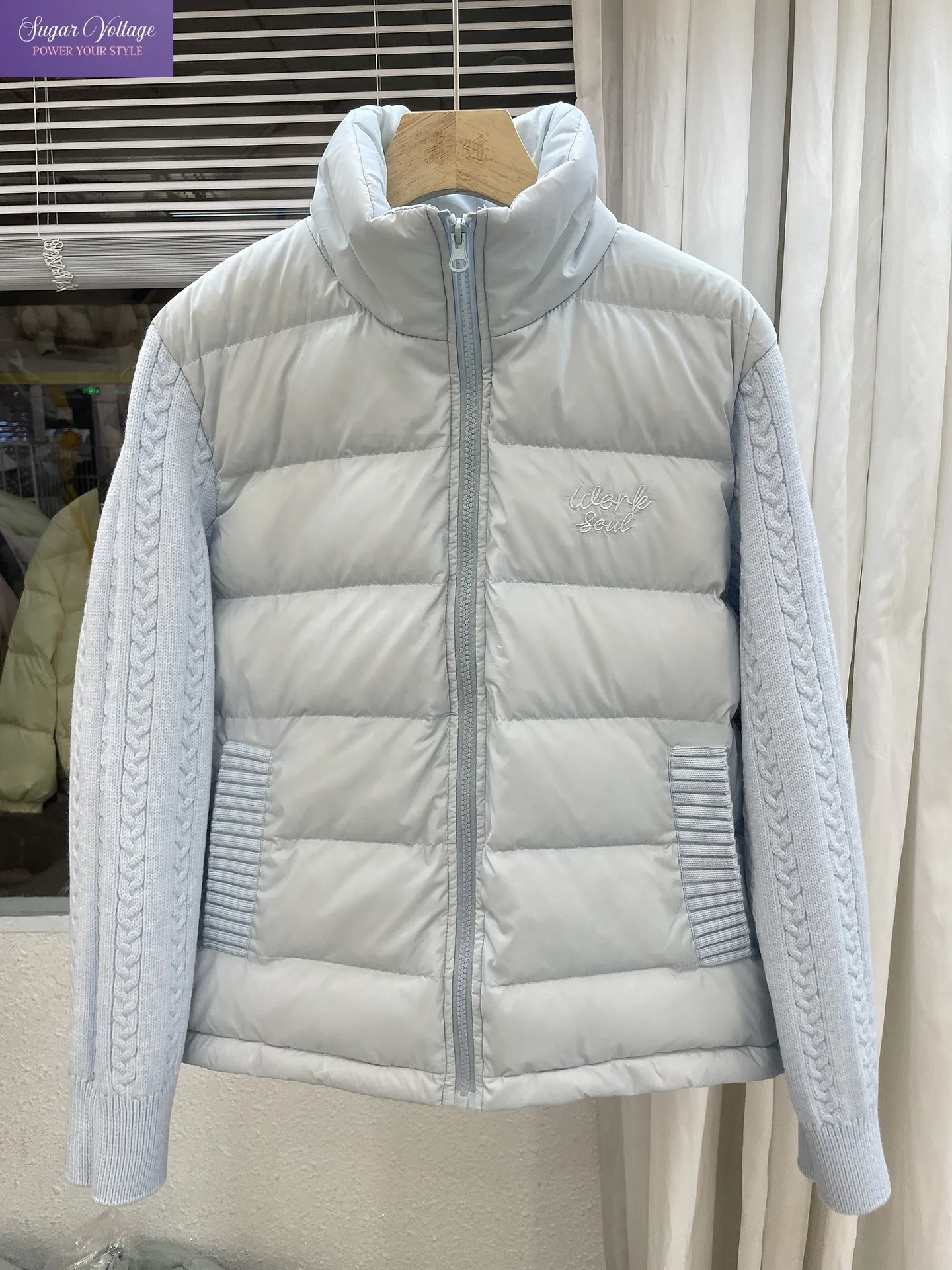 Winter Korean Sweet Knit Sleeve Quilted Puffer Parka Women Embroidered Stand Collar Cropped Lightweight Coat Casual Daily Wear