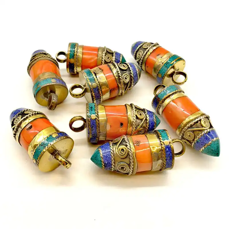 TBP297 Tibetan Amulet Nepal Brass Inlaid Red Bamboo Coral Bullet Pendants for Man