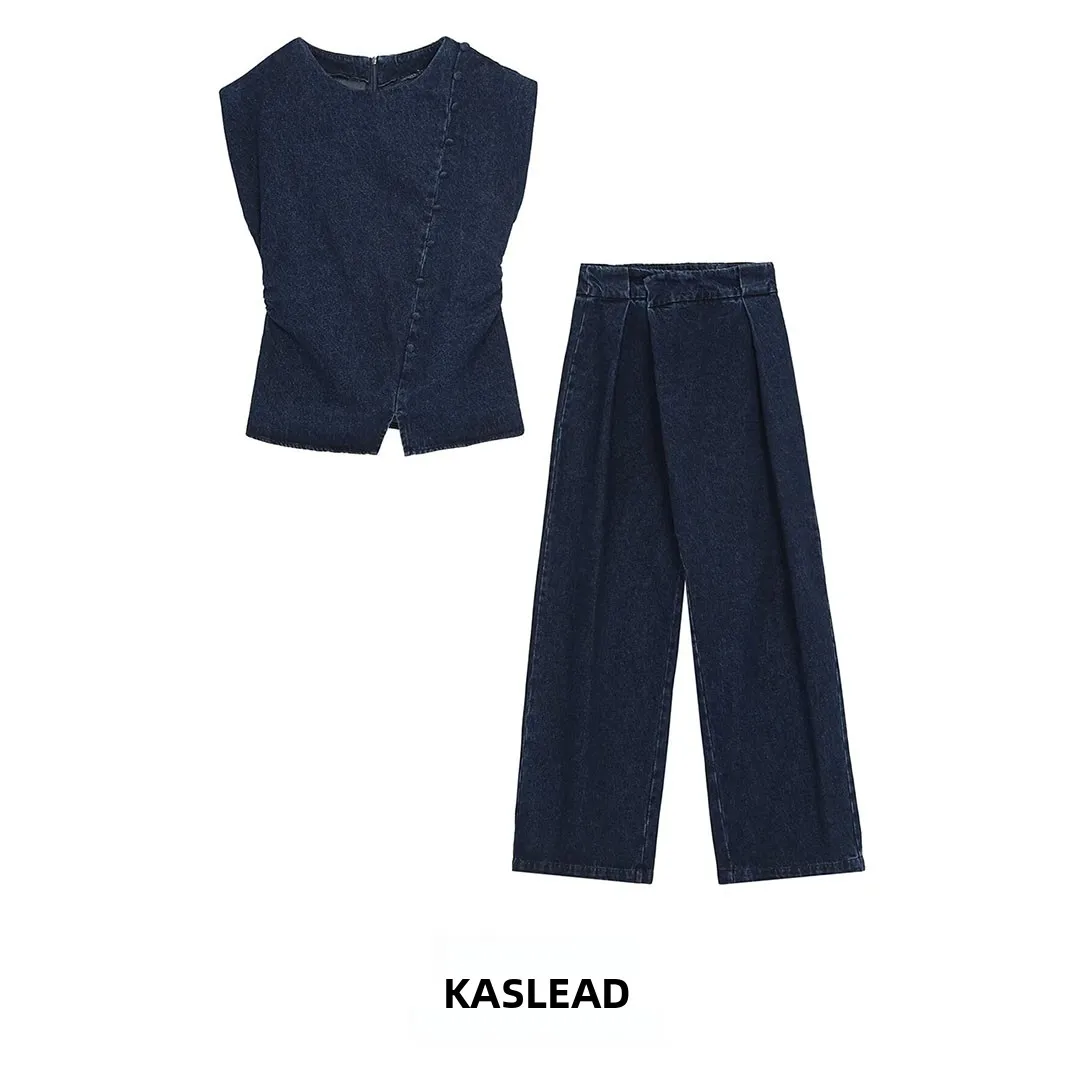 KASLEAD New Women's Fashion Set with Wind Button Decorated Denim Top And High Waist Jeans Autumn Collection High Quality Leather