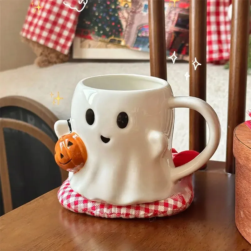Cute Ghost Water Cup，Creative Pumpkin Ghost Ceramic Mug Afternoon Tea Coffee Cup，Milk Mug Household Drinking Set Halloween Gift