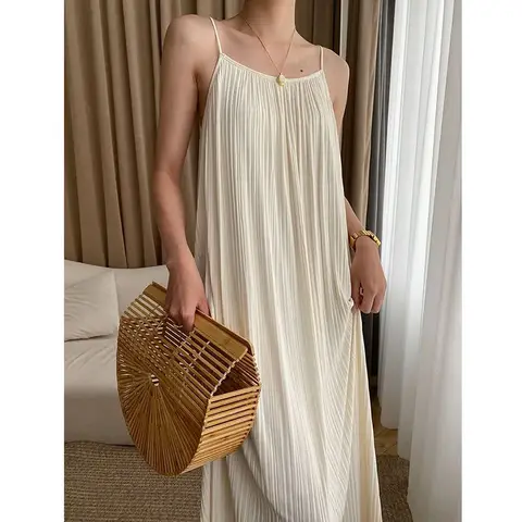 Lucyever 스파게티 스트랩 드레스 여성 여름 부드러운 바람 캐주얼 루즈 비치 롱 드레스 여성 한국어 단순 야생 중반 송아지 드레스