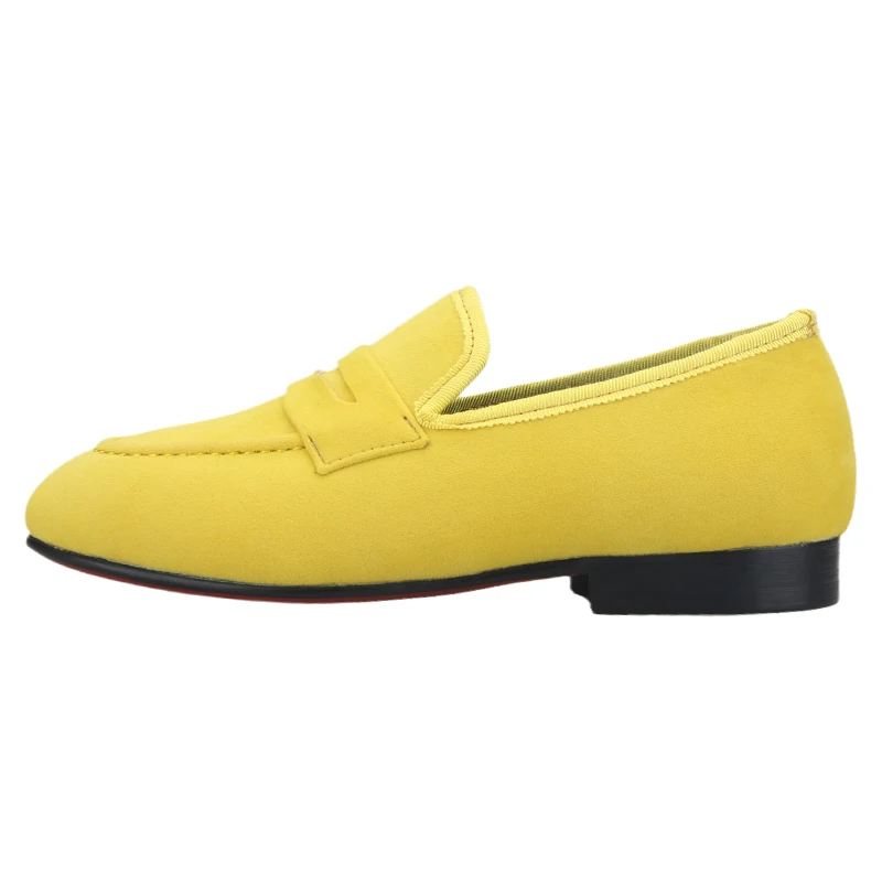 Piergitar Yellow And Brown Velvet Parent-Child Shoes Handmade Kid's Penny Loafers Red Sole For Birthday Or Party Children Wear