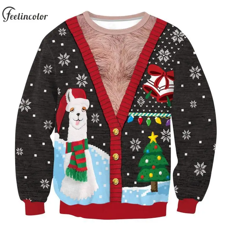 Alpaca Lelijke Kerst Sweatshirts voor Mannen Kerstman Elanden Grafische Trui Nep Twee Stukken 3D Print Hoodies Kerst Paar Kleding