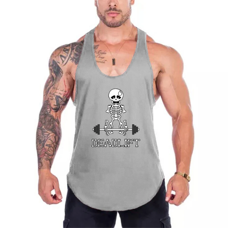 Human Skeleton Deadlift Barbell Gym Vests Mesh Breathable Quick Dry Bodybuilding Tank Tops Mens Fitness Sport Sleeveless Shirts